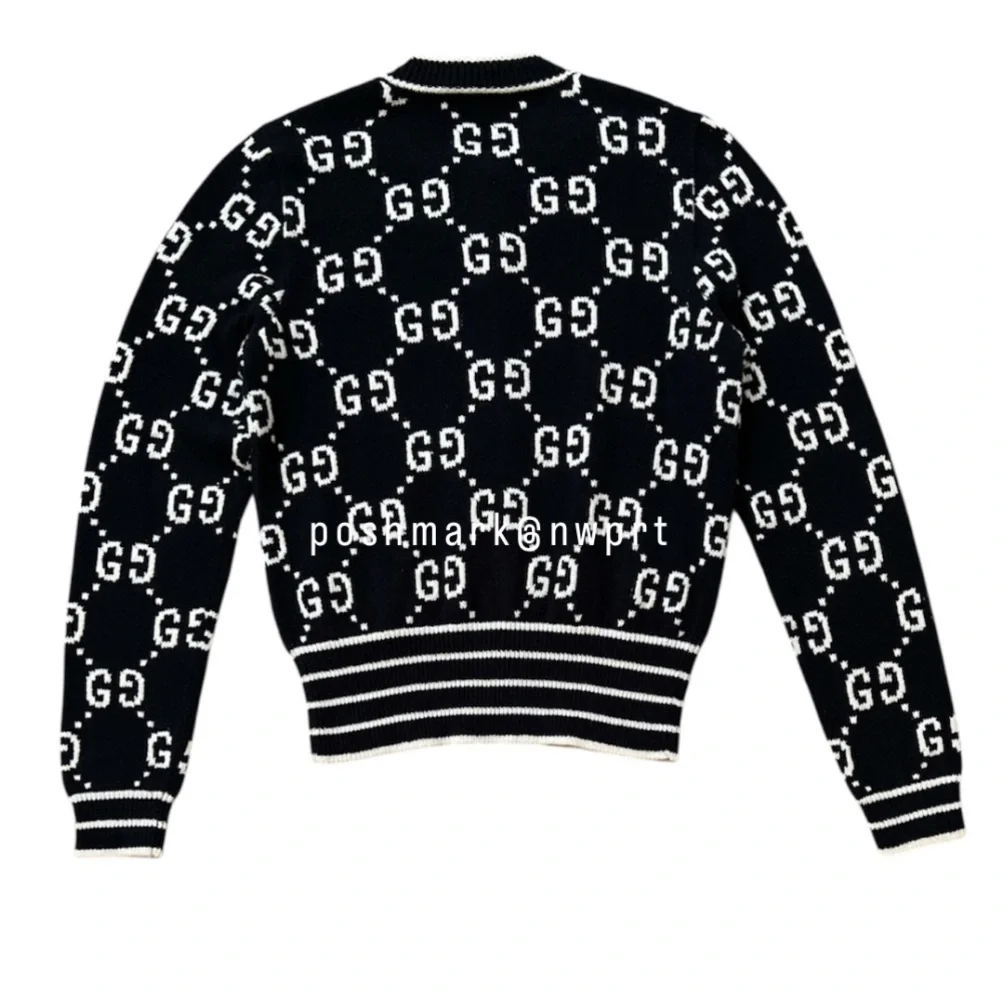 GUCCI 🙌 GG Supreme Logo Cardigan Sweater Black Ivory White Cotton XS - Picture 9 of 16